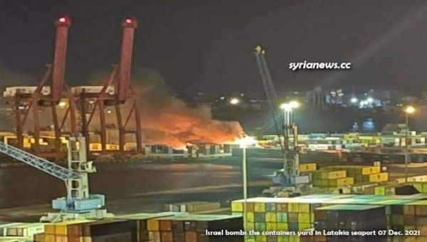 At about 1:23 am today, the Israeli enemy carried out air aggression with several missiles from the direction of the Mediterranean, southwest of Latakia, targeting the container yard in the commercial port of Latakia.