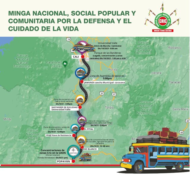 The Minga will start at the Universidad del Valle and move to the Parque de las Banderas, where they will carry out cultural and symbolic activities, later returning to their territories on Friday afternoon.