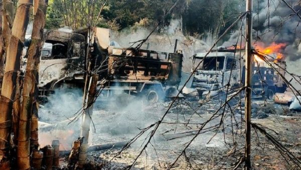 Vehicles burned by the Myanmar army, Dec. 24, 2021.