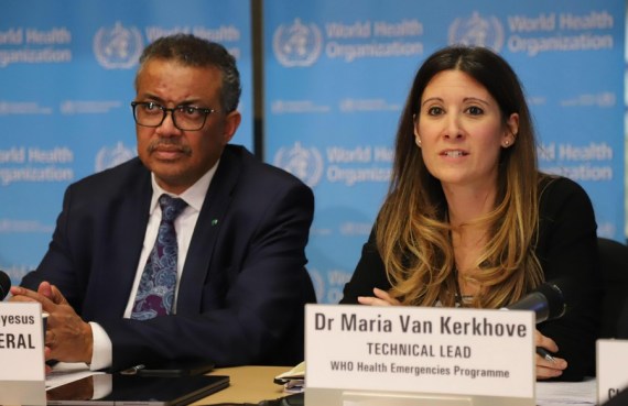 Maria van Kerkhove (R), technical lead for the Health Emergencies Program of the World Health Organization (WHO), speaks at a daily briefing in Geneva, Switzerland, on March 3, 2020.