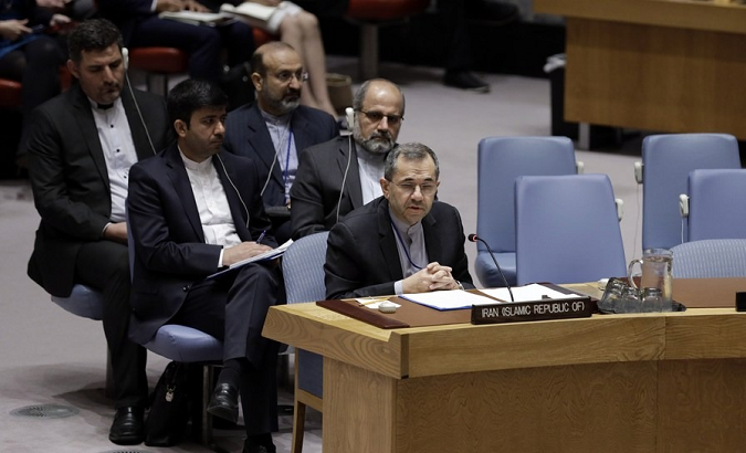 Majid Takht-Ravanchi (front) addresses the United Nations Security Council New York, U.S., June 26, 2019
