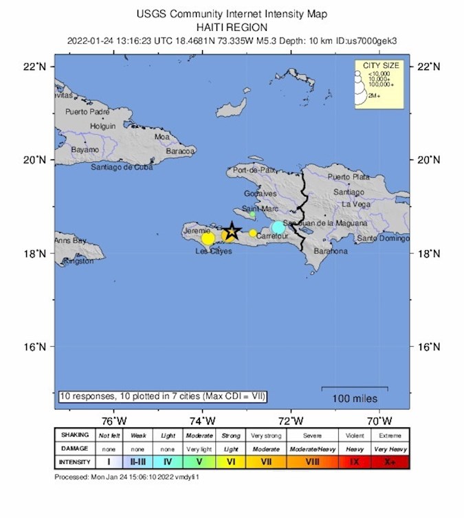 A handout shakemap made available by the United States Geological Survey (USGS) shows the location of a 5.3-magnitude earthquake hitting Haiti, 24 January 2022.