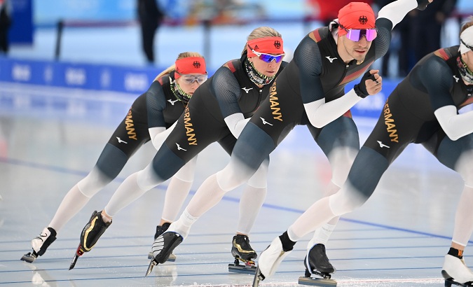 Athletes in a training session at the National Speed Skating Oval in Beijing, China, Jan. 31, 2022.