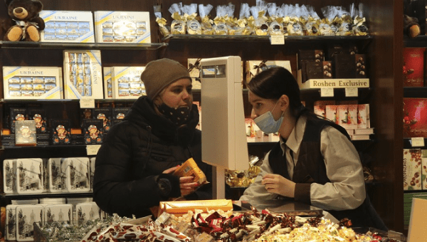 A citizen shops at a store in Lviv, Ukraine, March 1, 2022.