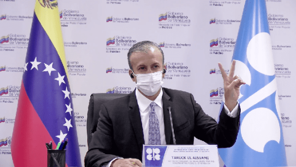 Venezuela's Oil Minister Tarik el Aissami at the OPEC+ virtual meeting, March 2, 2022.