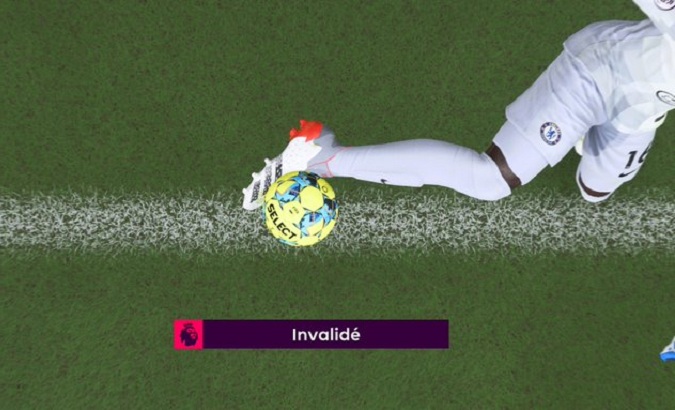 Image of a soccer game in a video game.