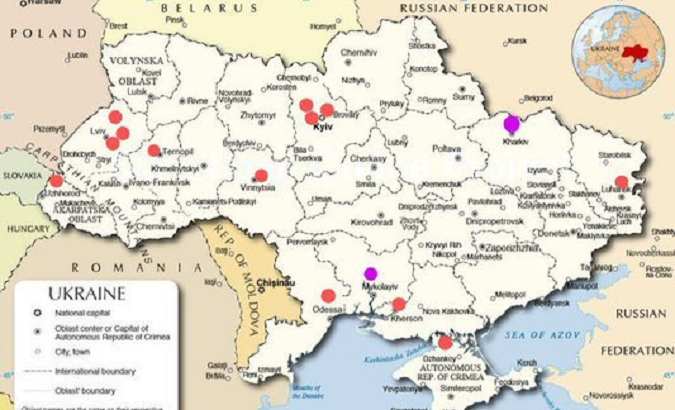 Map of Ukraine showing the alleged location of the U.S.-funded labs.