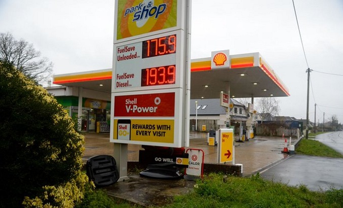 Fuel prices in pounds per litre at a Wimborne Road West station, U.K., March 22, 2022.