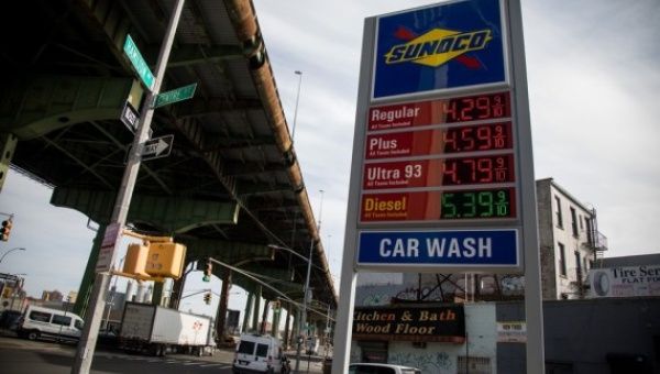Gas prices are displayed at at a gas station in the Brooklyn borough of New York, the United States, on March 8, 2022.