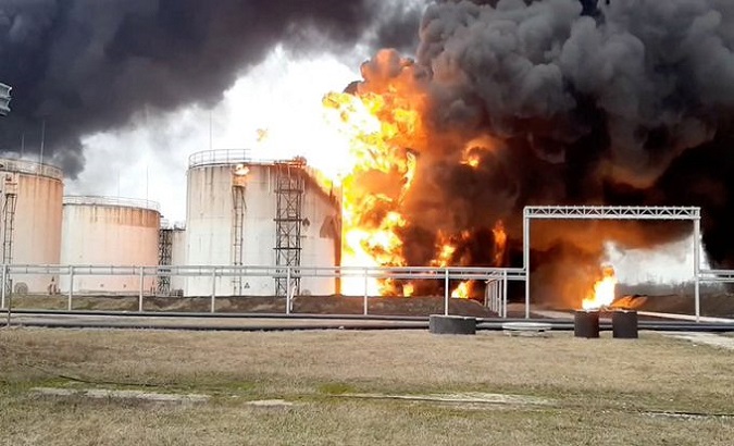 Ukrainian helicopters reportedly launch missile attack on oil depot in Russian city of Belgorod. April. 1, 2022.