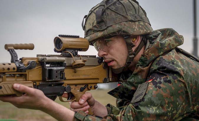 A soldier at the NATO-led joint multinational exercise in Poland, May 6, 2022.