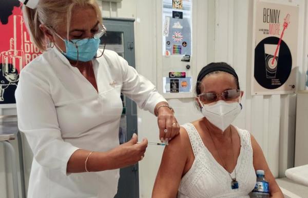 A woman receives the Cuban vaccine Abdala, in Havana, Cuba.