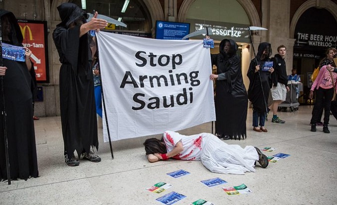 Human rights activists protest against the war in Yemen.
