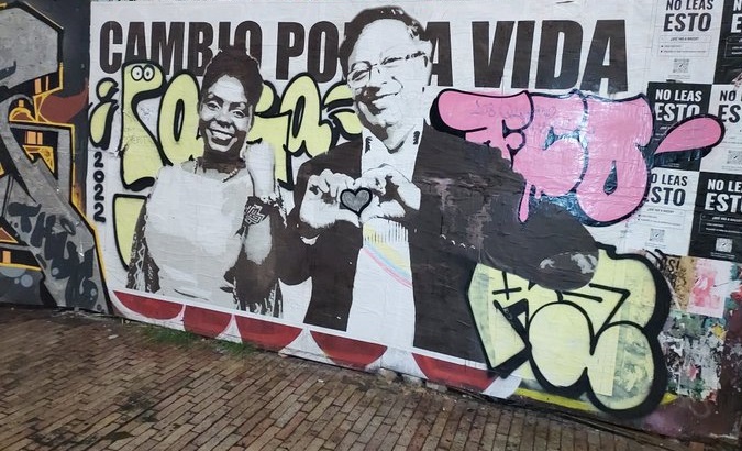 Street mural shows candidates Francia Marquez (L) and Gustavo Petro (R), Colombia, June 2022.