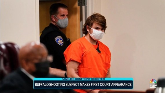 A screenshot taken from the web streaming of NBC News on June 2, 2022 shows the outlet's report about Payton Gendron, who fatally shot 10 Black people and injured three others at a Buffalo supermarket in the U.S. state of New York on May 14, 2022, making his first court appearance.