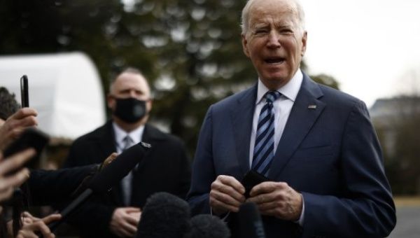 Photo taken on Feb. 17, 2022 shows U.S. President Joe Biden speaking to members of the press at the White House in Washington, D.C., the United States.