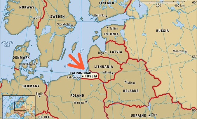 Location of the Russian enclave of Kaliningrad in Europe.