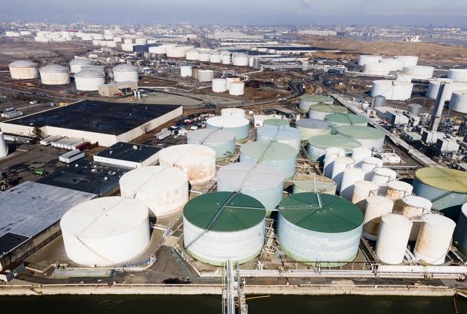 Archive photograph dated March 10, 2022 showing a tank terminal for the storage of crude and/or refined oil, as well as other bulk industrial liquids in Bayonne , New Jersey