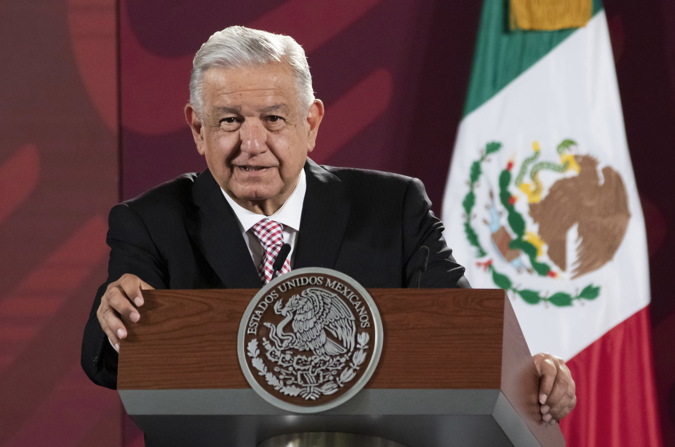 Photo provided today by the Presidency of Mexico showing President Andrés Manuel López Obrador during his morning press conference at the National Palace in Mexico City.