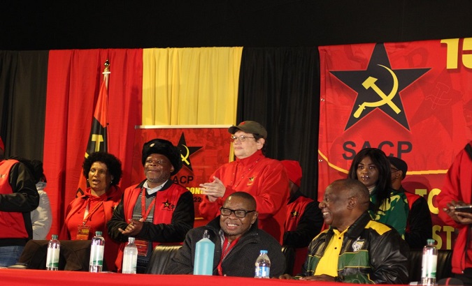 Representatives of the Communist Party of South Africa (SACP), the African National Congress (ANC) and the Central Union of South African Workers (COSATU). Jul. 16, 2022.
