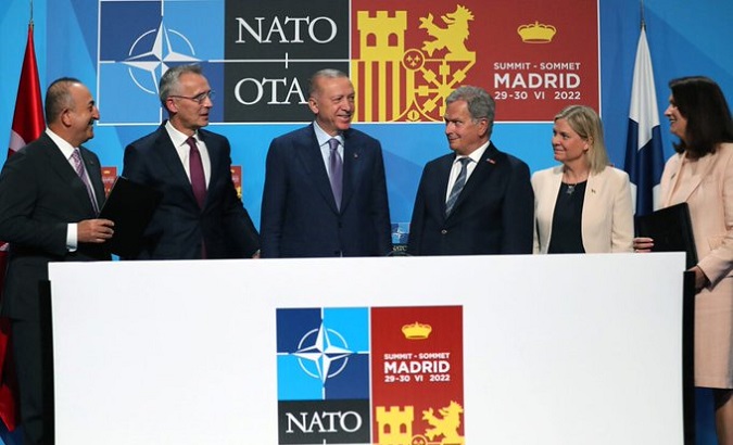 Turkish President Recep Tayyip Erdogan (C), Finland's President Sauli Niinisto (R), Sweden's PM Magdalena Andersson, Madrid, Spain, June 28, 2022.