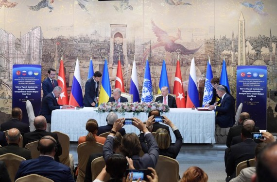 Russia and Ukraine are signing an agreement with Turkey and the United Nations on shipping Ukrainian grain, foodstuff, and fertilizer to international markets via the Black Sea in Istanbul, on July 22, 2022.