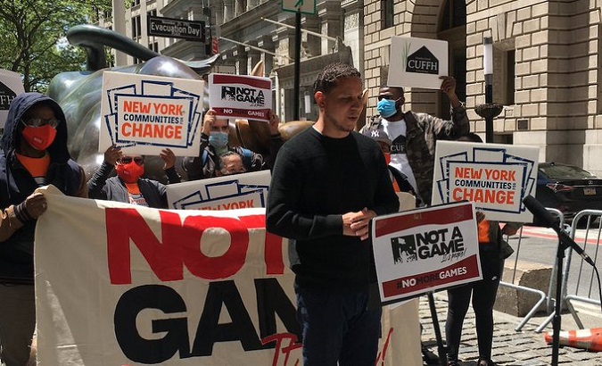 Protest against hedge funds' predatory practices in Puerto Rico, NYC, U.S., May 13, 2021.