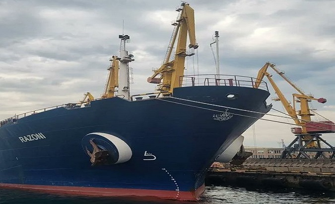 Ukrainian Razoni cargo ship anchored at the Istanbul port on Tuesday. Aug. 2, 2022.