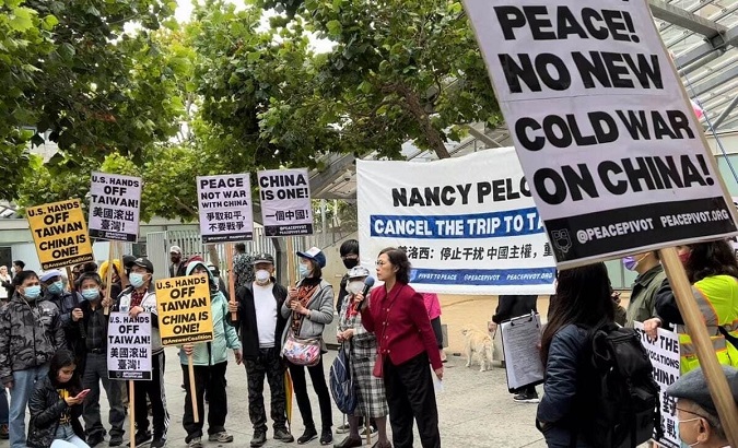 People protesting Nancy Pelosi's visit to Taiwan in San Francisco, U.S., Aug. 2, 2022.