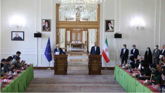 Iranian Foreign Minister Hossein Amir-Abdollahian (R) holds a joint press conference with visiting European Union (EU) foreign policy chief Josep Borrell (L), in Tehran, Iran, on June 25, 2022. Iran and the EU announced the resumption of international negotiations in Vienna in the coming days to revive the Iranian nuclear pact.