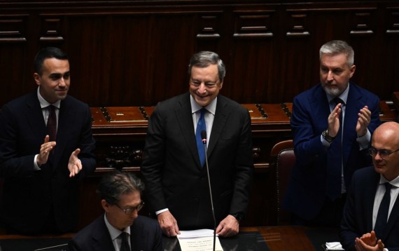 Italian Prime Minister Mario Draghi (C) addresses the lower house of parliament in Rome, Italy, July 21, 2022.
