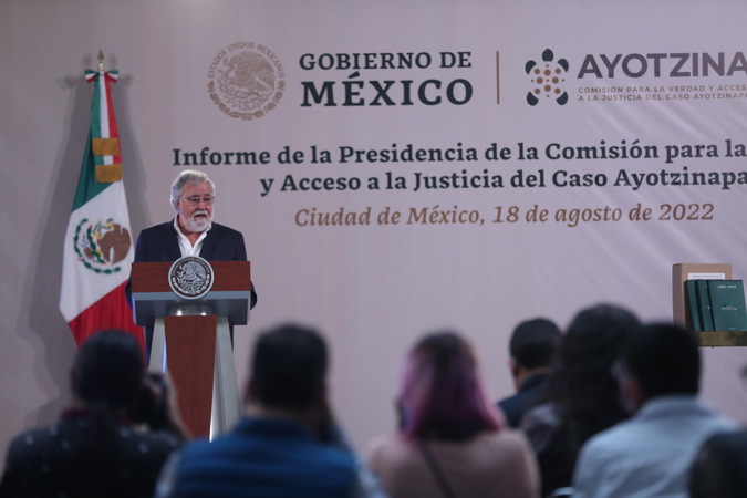 The Undersecretary of Human Rights, Population and Migration of the Ministry of the Interior (SG), Alejandro Encinas, speaks during a press conference today, at the National Palace in Mexico City
