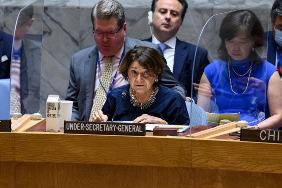 Rosemary DiCarlo, UN under-secretary-general for political and peacebuilding affairs, speaks during the UN Security Council briefing on Ukraine at the UN headquarters in New York, July 29, 2022.