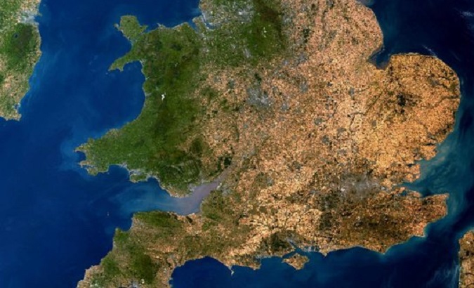 Satellite image showing the dry landscape in the south of the UK, Aug. 12, 2022.