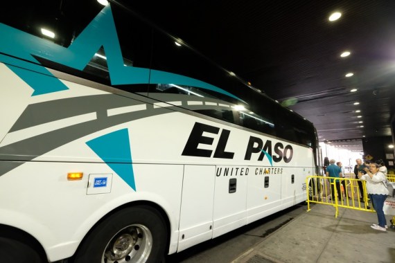 A migrant bus from Texas arrives at the Port Authority terminal in New York, the United States, on Aug. 29, 2022.