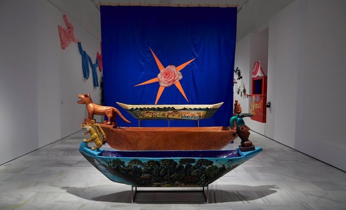Canoes made by Zapatistas militants exhibited in Madrid, Spain, 2022.