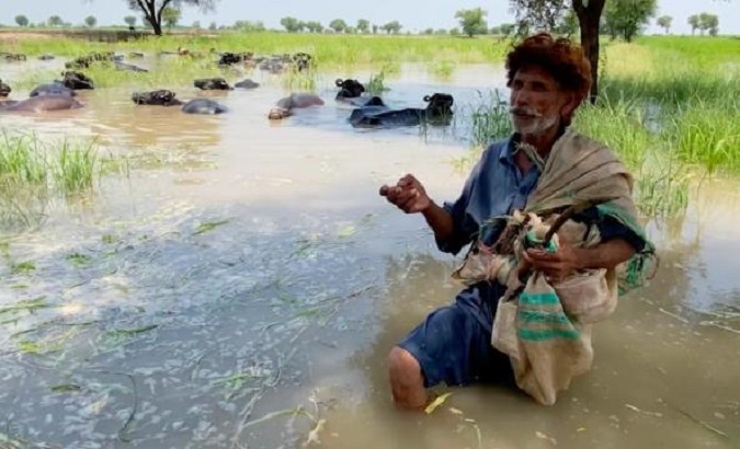 A villager affected by floods near Lake Manchar, Pakistan, Sept. 2022.