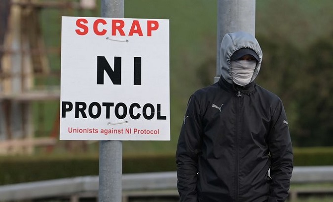 A sign against the Northern Ireland (NI) Protocol, 2022.