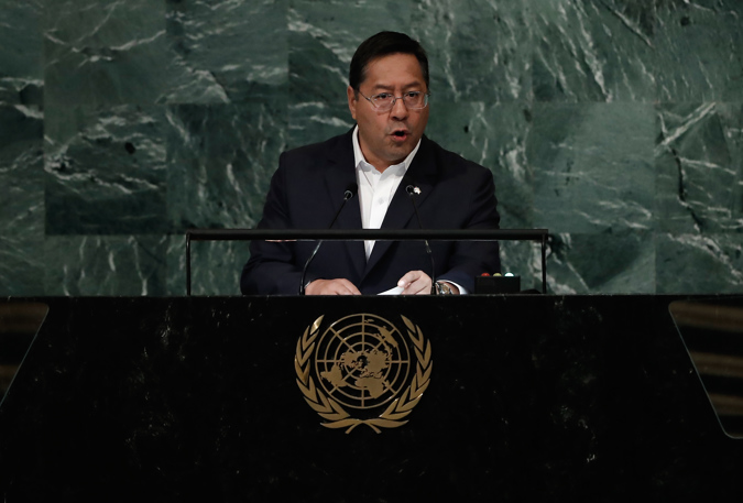 President of Bolivia, Luis Alberto Arce Catacora delivers his address during the 77th General Debate inside the General Assembly Hall at United Nations Headquarters in New York, New York, USA, 20 September 2022.