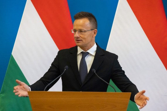 Hungarian Minister of Foreign Affairs and Trade Peter Szijjarto speaks during a press event in Budapest, Hungary, on July 29, 2022.
