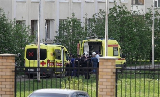 Ambulances outside the crime scene, Izhevsk, Russia, Sept. 26, 2022.