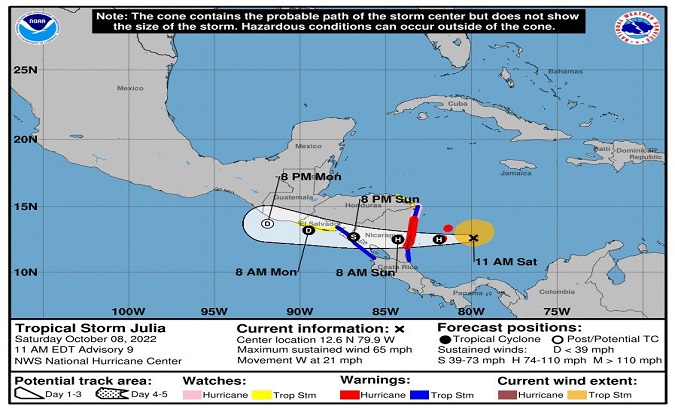A curfew has been in effect since 06H00 hours this Saturday and flights have been suspended due to the imminent passage of tropical storm Julia, which may become a hurricane when it reaches this part of the country. Oct. 08, 2022.