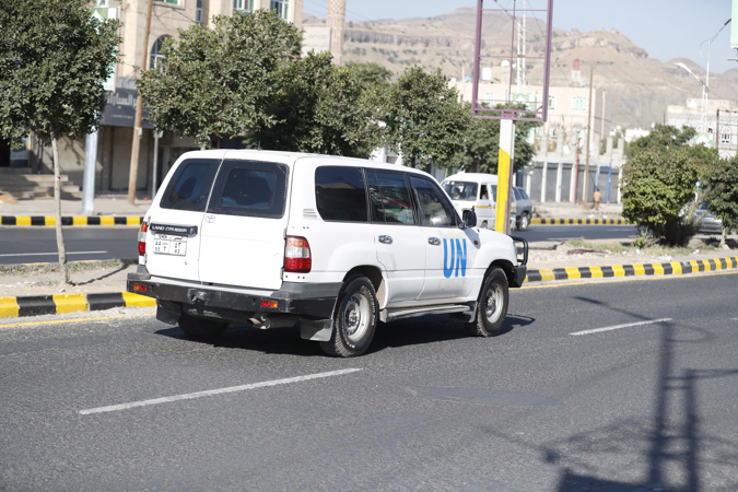 A UN vehicle drives along a street in Sana'a, Yemen, 13 October 2022.