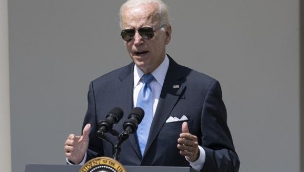 U.S. President Joe Biden speaks in the Rose Garden at the White House in Washington, D.C