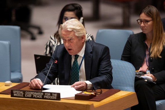 UN Special Coordinator for the Middle East Peace Process Tor Wennesland (C) speaks at a Security Council meeting at the UN Headquarters in New York, on Sept. 28, 2022.