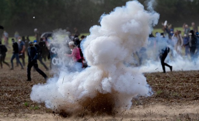 GM2L grenade explodes in front of protesters, Sainte-Soline, France, Oct. 29, 2022.