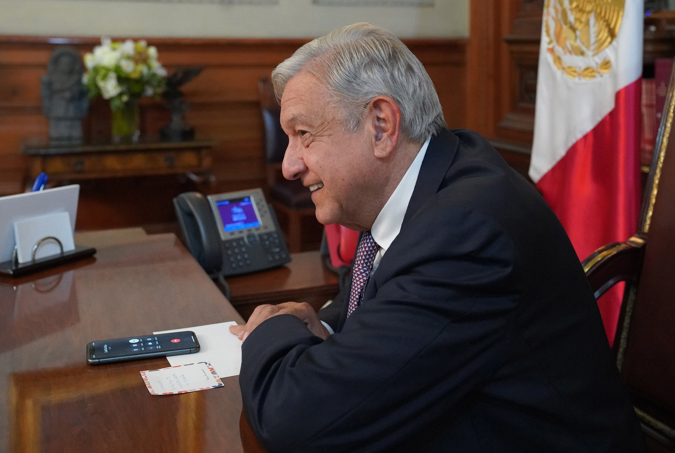 Photograph provided today by the Mexican Presidency showing Mexican President Andrés Manuel López Obrador during a phone call to Luiz Inácio Lula da Silva at the National Palace of the City of Mexico