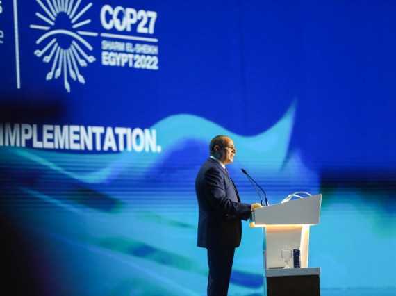 Egyptian President Abdel-Fattah al-Sisi addresses the opening of the Sharm El-Sheikh Climate Implementation Summit (SCIS) during the 27th session of the Conference of the Parties (COP27) in Sharm El-Sheikh, Egypt, on Nov. 7, 2022.
