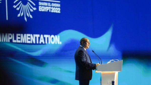 Egyptian President Abdel-Fattah al-Sisi addresses the opening of the Sharm El-Sheikh Climate Implementation Summit (SCIS) during the 27th session of the Conference of the Parties (COP27) in Sharm El-Sheikh, Egypt, on Nov. 7, 2022.