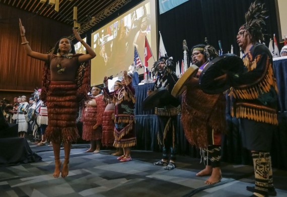 People perform at the opening ceremony of the Assembly of First Nations' 43rd Annual General Assembly (AGA) in Vancouver, British Columbia, Canada, on July 5, 2022.